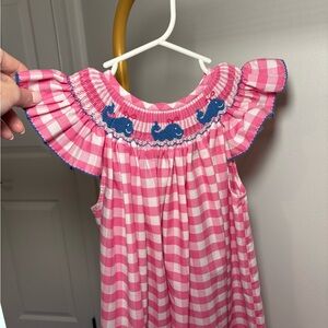 Pink Gingham Smocked Dress with Blue Whale Embroidery